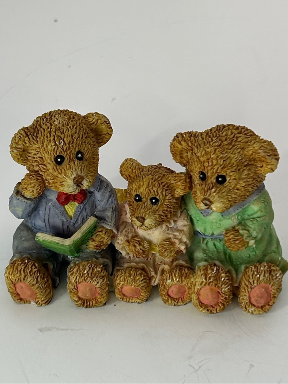 Adorable Brown Bear Family Plush-Style Figurine Set in Green & Gray